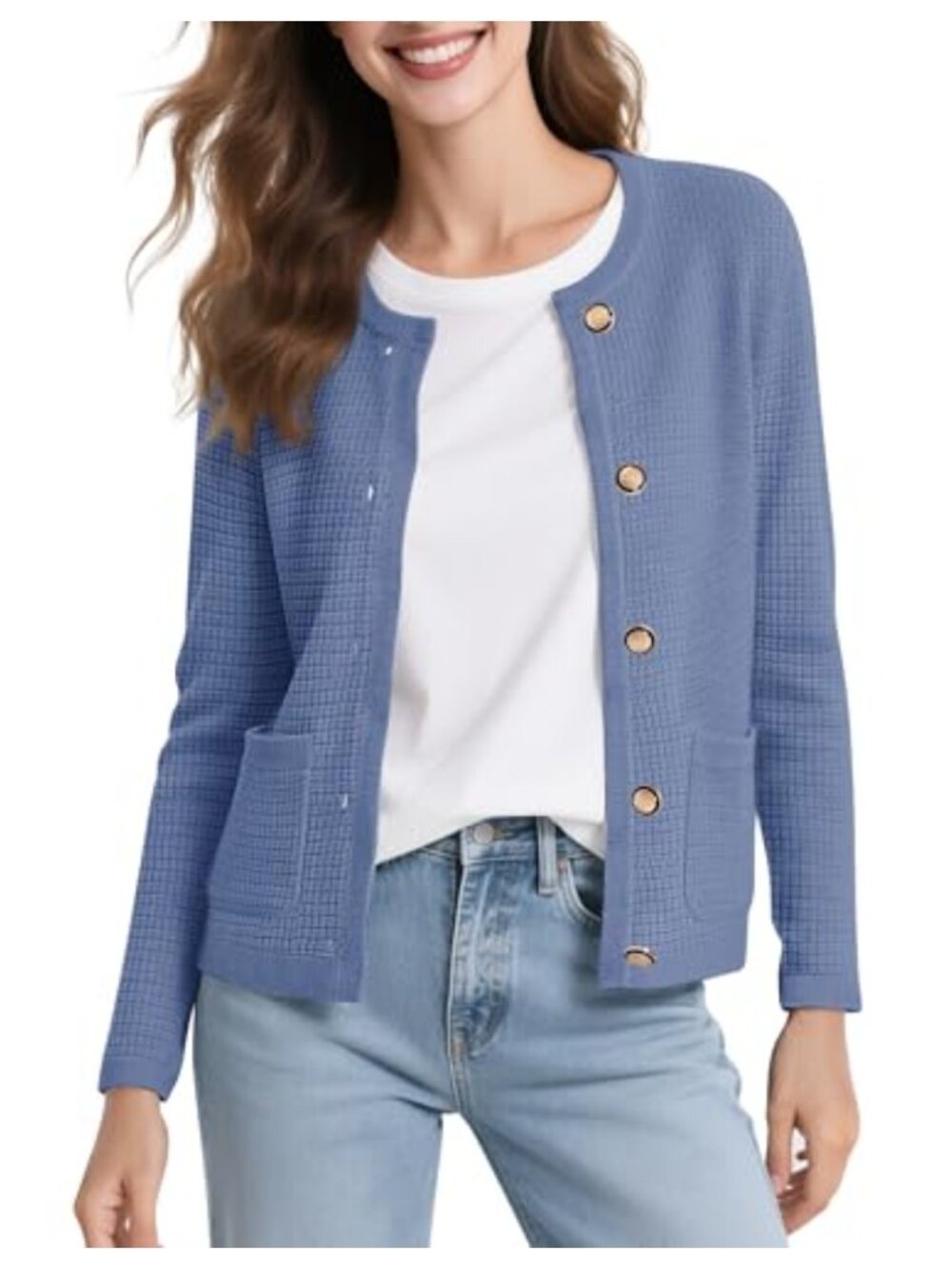 Cropped Open Front Cardigan Crewneck Button Down Knit Sweater